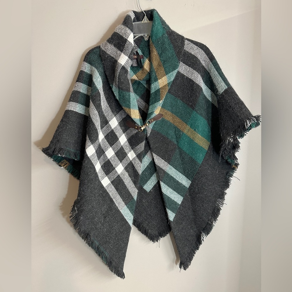 Altare Plaid Green Gray Poncho‎ Sweater Wrap Women's One Size